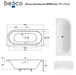 Wanna asymetryczna akrylowa Avita Besco 170 cm Lewa