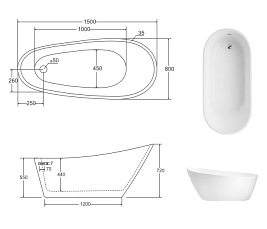 Wanna wolnostojąca korek klik-klak chrom 150 cm Melody Besco