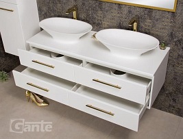 Szafka wisząca biały mat z dwiema umywalkami nablatowymi 140/50 cm Belli Gold Gante