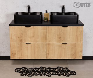 Szafka łazienkowa z dwiema czarnymi umywalkami wisząca dąb naturalny 120 cm Brendo Gante