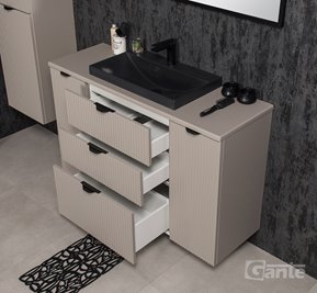 Szafka łazienkowa z lamelami wisząca z czarną nablatową umywalką 120 cm 39/3 Victa Lamello kolor fume mat