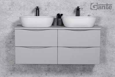 Szafka łazienkowa wisząca ONDA 120 cm szara z białymi umywalkami Gante
