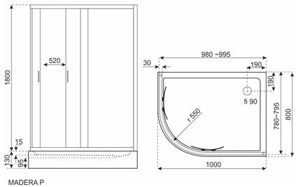 Kabina prysznicowa z brodzikiem asymetryczna 100x80 Madera Kerra prawa