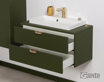 Oliwkowa szafka łazienkowa wisząca z białą umywalką nablatową złoty uchwyt 80 cm Magnolia