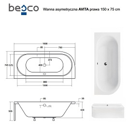 Wanna asymetryczna akrylowa Avita Besco 150 cm Prawa
