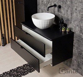 Szafka łazienkowa wisząca z umywalką 100 cm szklane fronty czarny uchwyt Glow Gante