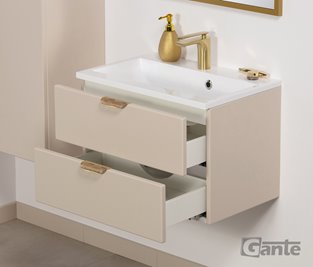 Piaskowa szafka łazienkowa wisząca z umywalką złoty uchwyt 60 cm Magnolia