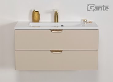 Piaskowa szafka łazienkowa wisząca z umywalką złoty uchwyt 80 cm Magnolia