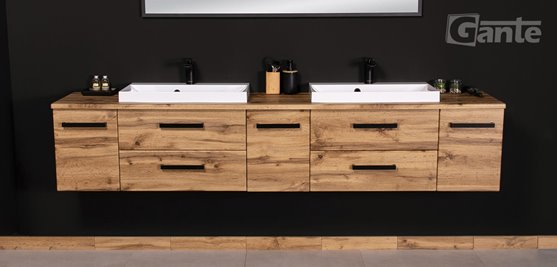 Szafka wisząca z dwiema umywalkami nablatowymi 210 cm kolor dąb naturalny seria Fokus Loft Gante