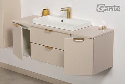 Piaskowa szafka łazienkowa wisząca z białą umywalką nablatową złoty uchwyt 120 cm Magnolia