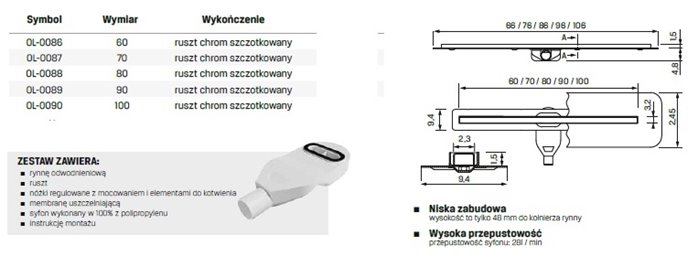 Visio Slim New Trendy odpływ liniowy 100 cm OL-0090 ruszt chrom szczotkowany zdjęcie 4