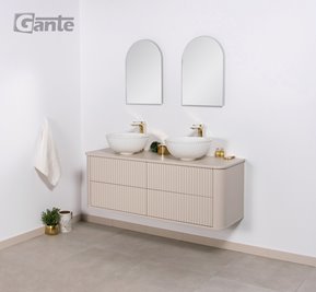 Szafka łazienkowa wisząca ryflowane fronty z umywalką LILIA 140 cm piaskowy mat z umywalką Gante