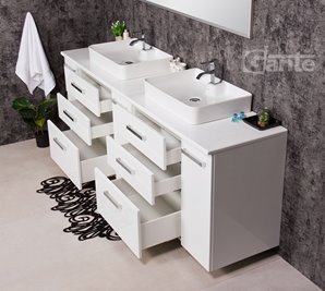 Szafka wisząca z dwiema umywalkami nablatowymi 210 cm z blatem w kolorze białym 210/39/C3 seria Fokus B