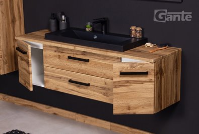 Szafka wisząca z czarną matową umywalką nablatową 140 cm kolor dąb naturalny seria Fokus Loft Gante