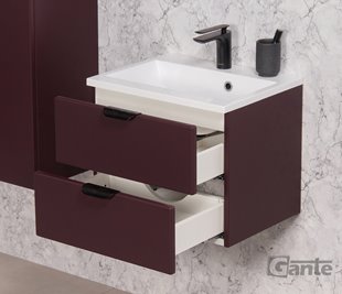 Burgundowa szafka łazienkowa wisząca z umywalką czarny uchwyt 50 cm Magnolia