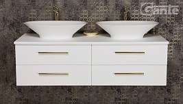 Szafka wisząca biały mat z dwiema umywalkami nablatowymi 140/50 cm Belli Gold Gante