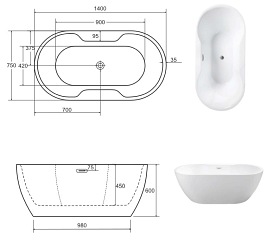Wanna wolnostojąca korek klik-klak chrom 140 cm Navia Besco