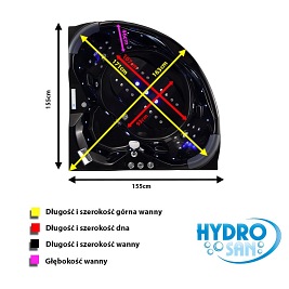 Czarna wanna z hydromasażem narożna 155x155 cm Eos 932 Hydrosan