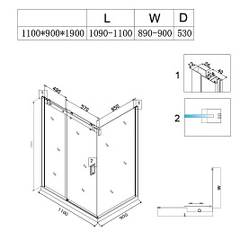 Czarna kabina prysznicowa prostokątna 110x90 szkło 8mm BS14B