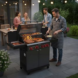 Grill gazowy ZEUS-C kolor czarny ruszt żeliwny moc 14,5 kW + pokrowiec + palnik boczny + LED zdjęcie 9