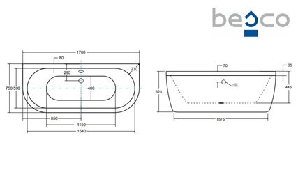 Wanna wolnostojąca przyścienna + klik-klak chrom Volya Besco 170 cm WKV-170-WS