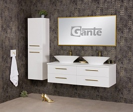 Szafka wisząca biały mat z dwiema umywalkami nablatowymi 140/50 cm Belli Gold Gante