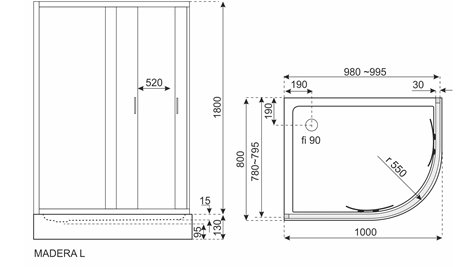 Kabina prysznicowa z brodzikiem asymetryczna 100x80 Madera Kerra lewa