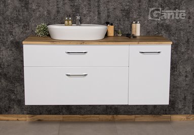 Szafka łazienkowa wisząca z umywalką nablatową i koszem 140 cm SETTO MODULO kolor biały połysk