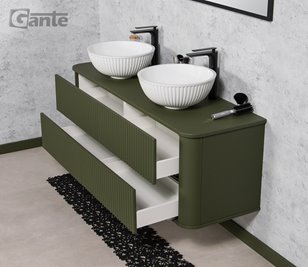 Szafka łazienkowa wisząca ryflowane fronty z umywalką LILIA 140 cm oliwkowy mat z umywalką Gante