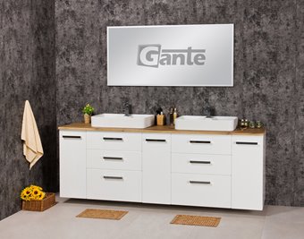 Szafka wisząca z dwiema umywalkami nablatowymi 210 cm z blatem w kolorze dąb naturalny 210/39/C3 seria Fokus B