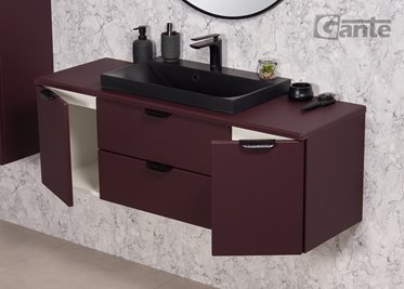 Burgundowa szafka łazienkowa wisząca z czarną umywalką nablatową czarny uchwyt 120 cm Magnolia