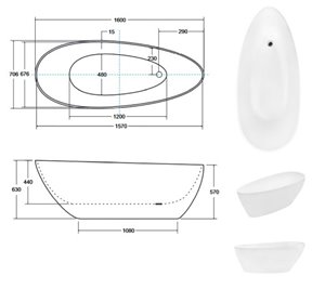 Czarno-biała matowa wanna wolnostojąca z konglomeratu + klik-klak chrom Goya 160 B&W Matt Besco WMMC-160G