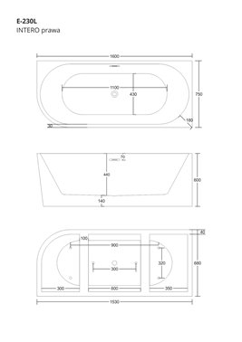 Wanna narożna przyścienna 160 cm Intero Corsan Prawa korek klik-klak biały