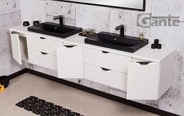 Biała matowa szafka łazienkowa z dwiema czarnymi umywalkami 210 cm Liv Victa