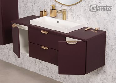 Burgundowa szafka łazienkowa wisząca z białą umywalką nablatową złoty uchwyt 120 cm Magnolia