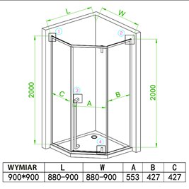 Czarna kabina prysznicowa pięciokątna 90x90 drzwi uchylne BS07B