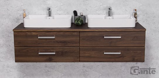 Szafka łazienkowa wisząca z dwiema umywalkami nablatowymi 160 cm 50/4 Fokus kolor orzech