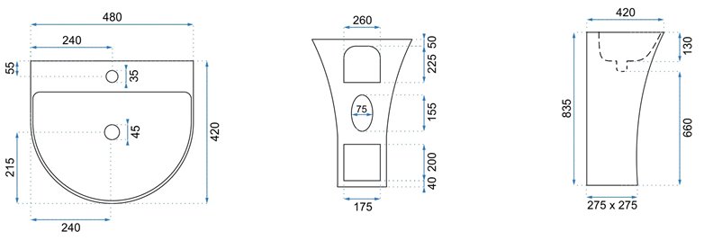 Umywalka wolnostojąca, montaż ścienny Rita Slim Rea