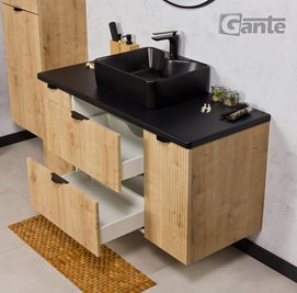 Szafka łazienkowa z czarną umywalką wisząca dąb naturalny 120 cm Brendo Gante
