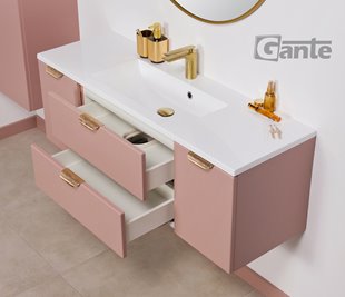 Szafka łazienkowa pudrowy róż z umywalką złoty uchwyt 120 cm Magnolia Gante