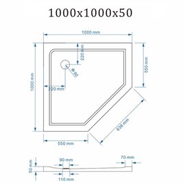 Biały brodzik prysznicowy pięciokątny 100x100 ST08C wysokość 5 cm