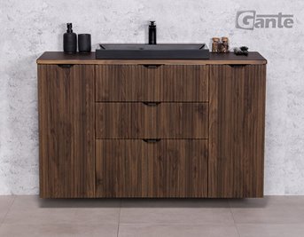 Szafka łazienkowa z lamelami wisząca z czarną umywalką nablatową 120 cm 39/3 Victa Lamello kolor orzech