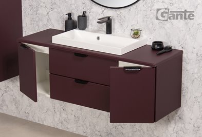 Burgundowa szafka łazienkowa wisząca z białą umywalką nablatową czarny uchwyt 120 cm Magnolia