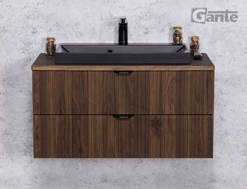 Szafka łazienkowa z lamelami wisząca z czarną umywalką nablatową 80 cm 39/2 Victa Lamello kolor orzech