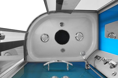 Kabina prysznicowa z hydromasażem na niskim brodziku błękitne ścianki 120x85 lewa MO-18218