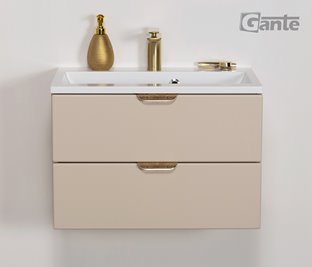 Piaskowa szafka łazienkowa wisząca z umywalką złoty uchwyt 60 cm Magnolia