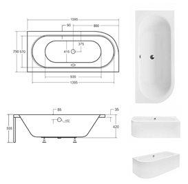 Czarno-biała wanna asymetryczna akrylowa z obudową Avita Besco 160 cm Prawa