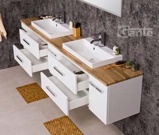 Szafka wisząca z dwiema umywalkami 210 cm z blatem w kolorze dąb naturalny 210/39/C2 seria Fokus B