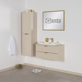 Piaskowa szafka łazienkowa wisząca z białą umywalką nablatową złoty uchwyt 80 cm Magnolia