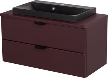 Burgundowa szafka łazienkowa wisząca z czarną umywalką nablatową czarny uchwyt 80 cm Magnolia